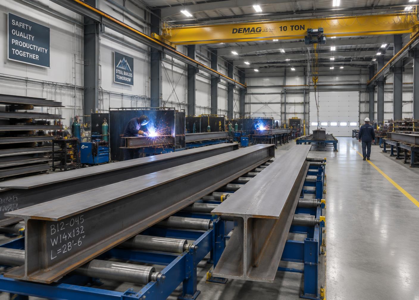 Steel fabrication workshop with beams on rollers and welding in progress