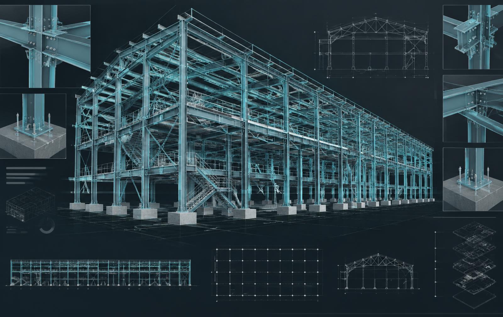 3D structural steel BIM model wireframe of a steel-framed building