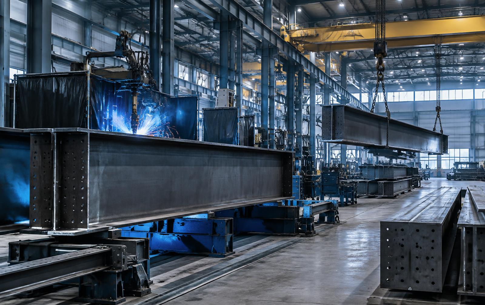 Steel beams moving through a fabrication workshop